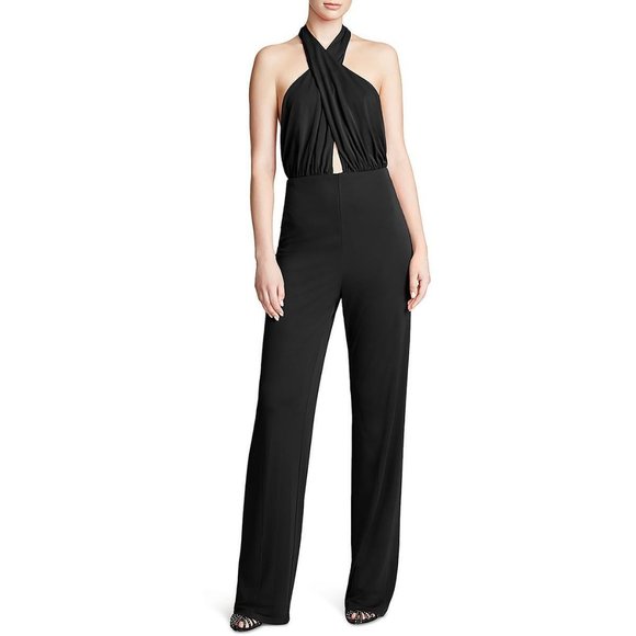 Halston Women's Kaiya Black Halter Open Back Wide Leg Jumpsuit Size 4 B4HP